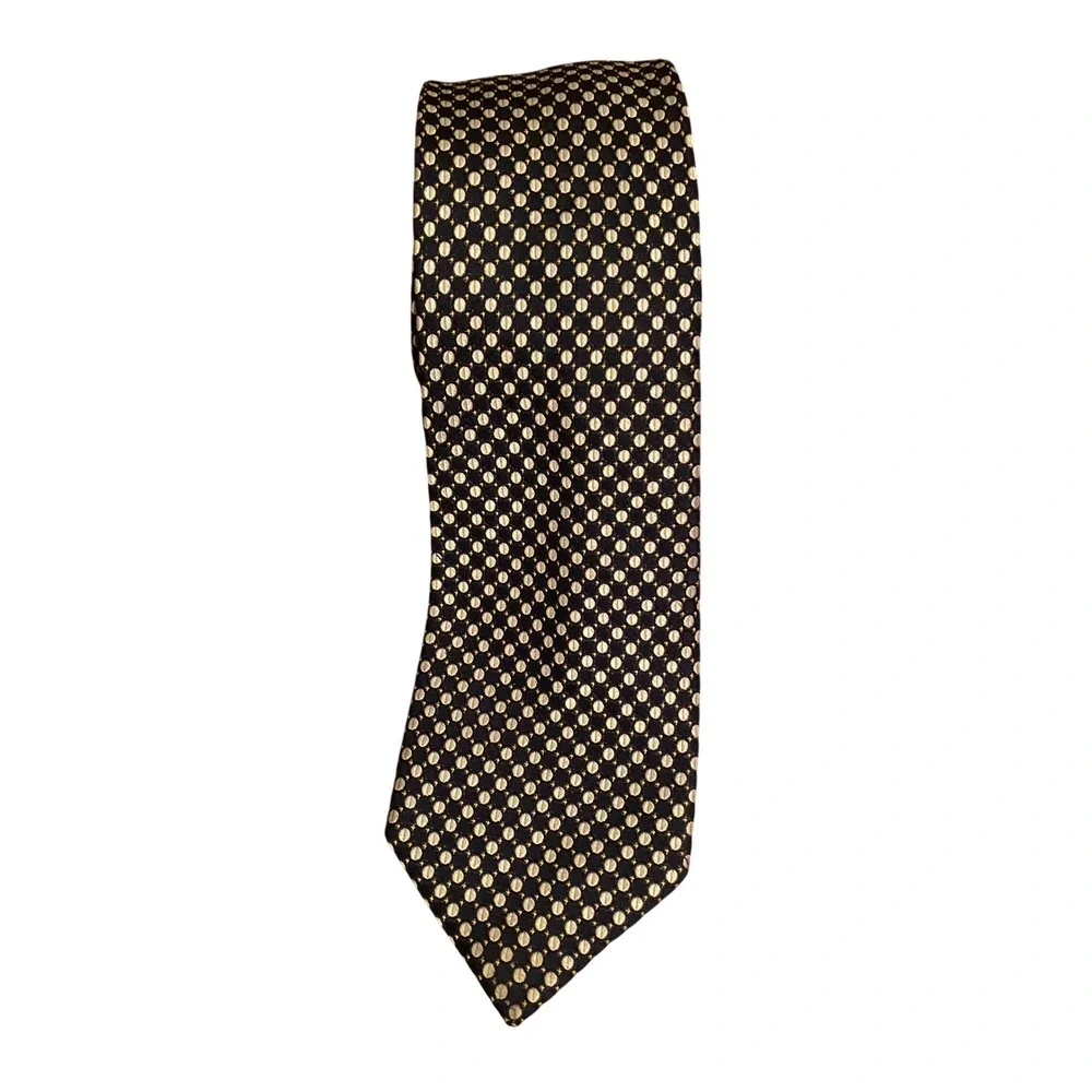 Black Saks Fifth Avenue Mens Silk Tie Navy  Geometric Circle‎ Pattern 100% Silk